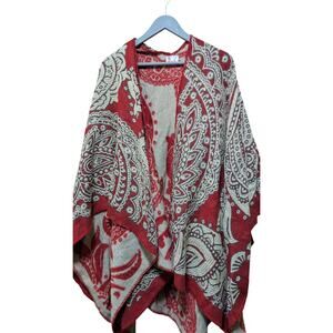 Crimson and Cream Reversible Poncho, One Size Fits All